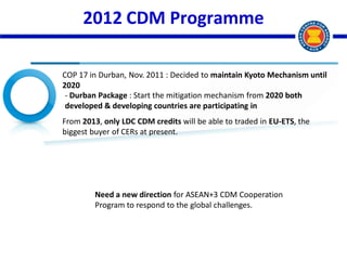 Need a new direction for ASEAN+3 CDM Cooperation Program to respond to the global challenges. 
COP 17 in Durban, Nov. 2011...