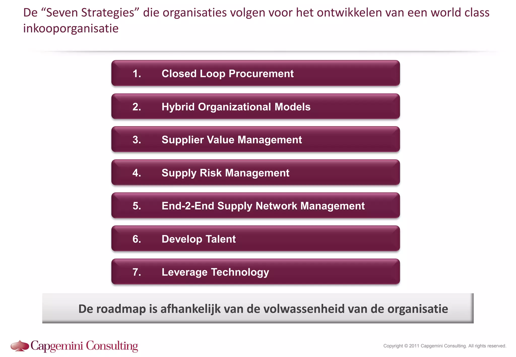 De “Seven Strategies” die organisaties volgen voor het ontwikkelen van een world class
inkooporganisatie


                    1.   Closed Loop Procurement


                    2.   Hybrid Organizational Models


                    3.   Supplier Value Management


                    4.   Supply Risk Management


                    5.   End-2-End Supply Network Management


                    6.   Develop Talent


                    7.   Leverage Technology


          De roadmap is afhankelijk van de volwassenheid van de organisatie

                                                                  Copyright © 2011 Capgemini Consulting. All rights reserved.
 