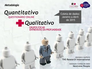 Quantitativo
QUESTIONÁRIO ONLINE
Qualitativo
GRUPOS FOCAIS
ENTREVISTAS EM PROFUNDIDADE
Metodologia
realização e análise dos dados
Nextview People
tabulação e auditoria
TNS Research International
Coleta de dados:
Janeiro a Abril
de 2015
 