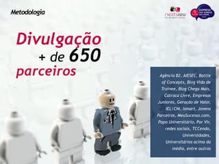 Metodologia
Divulgação
+ de 650
parceiros Agência B2, AIESEC, Battle
of Concepts, Blog Vida de
Trainee, Blog Chega Mais,
Catraca Livre, Empresas
Juniores, Geração de Valor,
IEL/CNI, Ismart, Jovens
Parceiros, MeuSucesso.com,
Papo Universitário, Por Vir,
redes sociais, TCCendo,
Universidades,
Universitários acima da
média, entre outros
 