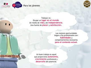 Trabajar es:
Ocupar un lugar en el mundo.
Un medio de vida y de independencia.
Una fuente de placer y satisfacción.
Las mejores oportunidades
llegan a los profesionales con:
habilidades y
comportamientos necesarios
para el contexto actual.
Un buen trabajo es aquel
que proporciona autonomía,
crecimiento profesional y
desarrollo del potencial.
Para los jóvenes
 