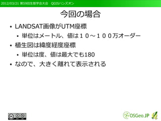2012/03/21 第59回生態学会大会　QGISハンズオン



                         今回の場合
   ●   LANDSAT画像がUTM座標
       ●   単位はメートル、値は１０～１００万オーダー
   ●   植生図は緯度経度座標
       ●   単位は度、値は最大でも180
   ●   なので、大きく離れて表示される
 