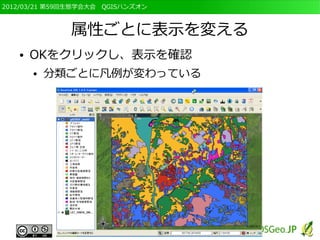 2012/03/21 第59回生態学会大会　QGISハンズオン



              属性ごとに表示を変える
   ●   OKをクリックし、表示を確認
       ●   分類ごとに凡例が変わっている
 