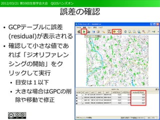 2012/03/21 第59回生態学会大会　QGISハンズオン


                         誤差の確認
●   GCPテーブルに誤差
    (residual)が表示される
●   確認して小さな値であ
    れば「ジオリファレン
    シングの開始」をク
    リックして実行
    ●   目安は１以下
    ●   大きな場合はGPCの削
        除や移動で修正
 