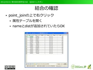 2012/03/21 第59回生態学会大会　QGISハンズオン



                         結合の確認
   ●   point_joinの上で右クリック
       ●   属性テーブルを開く
       ●   nameとdistが追加されていたらOK
 