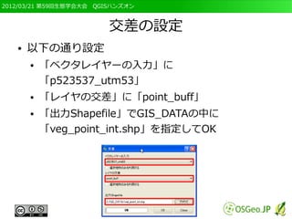 2012/03/21 第59回生態学会大会　QGISハンズオン



                         交差の設定
   ●   以下の通り設定
       ●   「ベクタレイヤーの入力」に
           「p523537_utm53」
       ●   「レイヤの交差」に「point_buff」
       ●   「出力Shapefile」でGIS_DATAの中に
           「veg_point_int.shp」を指定してOK
 