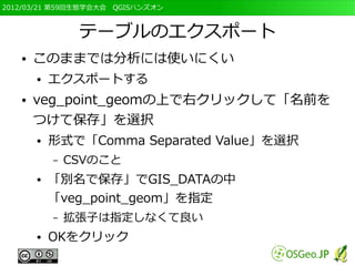 2012/03/21 第59回生態学会大会　QGISハンズオン



                テーブルのエクスポート
   ●   このままでは分析には使いにくい
       ●   エクスポートする
   ●   veg_point_geomの上で右クリックして「名前を
       つけて保存」を選択
       ●   形式で「Comma Separated Value」を選択
           –   CSVのこと
       ●   「別名で保存」でGIS_DATAの中
           「veg_point_geom」を指定
           –   拡張子は指定しなくて良い
       ●   OKをクリック
 