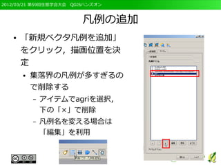 2012/03/21 第59回生態学会大会　QGISハンズオン



                         凡例の追加
   ●   「新規ベクタ凡例を追加」
       をクリック，描画位置を決
       定
       ●   集落界の凡例が多すぎるの
           で削除する
           –   アイテムでagriを選択，
               下の「×」で削除
           –   凡例名を変える場合は
               「編集」を利用
 