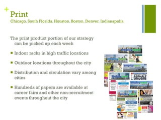 Print Chicago. South Florida. Houston. Boston. Denver. Indianapolis. The print product portion of our strategy can be picked up each week  Indoor racks in high traffic locations Outdoor locations throughout the city Distribution and circulation vary among cities  Hundreds of papers are available at career fairs and other non-recruitment events throughout the city 