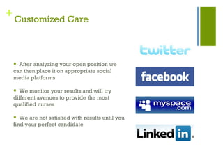 Customized Care After analyzing your open position we can then place it on appropriate social media platforms We monitor your results and will try different avenues to provide the most qualified nurses We are not satisfied with results until you find your perfect candidate 
