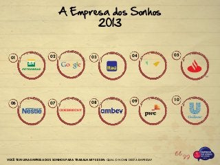 A Empresa dos Sonhos
2013
01 02 03 04 05
06 07 09 10
08
VOCÊ TEM UMA EMPRESA DOS SONHOS PARA TRABALHAR? SE SIM: QUAL O NOME DESTA EMPRESA?
 