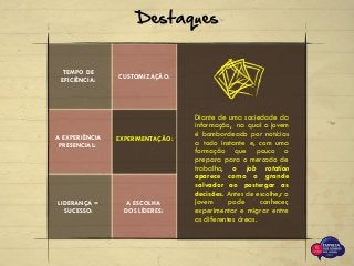 TEMPO DE
EFICIÊNCIA:
CUSTOMIZAÇÃO:
A EXPERIÊNCIA
PRESENCIAL:
EXPERIMENTAÇÃO:
Destaques
Diante de uma sociedade da
informação, na qual o jovem
é bombardeado por notícias
a todo instante e, com uma
formação que pouco o
prepara para o mercado de
trabalho, o job rotation
aparece como o grande
salvador ao postergar as
decisões. Antes de escolhe,r o
jovem pode conhecer,
experimentar e migrar entre
as diferentes áreas.
LIDERANÇA =
SUCESSO:
A ESCOLHA
DOS LÍDERES:
 