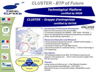 CLUSTER - BTP of Future
                                                                 Technological Platform
                                                                                     certified by MESR

                                          CLUSTER - Grappe d’entreprises
                                                                          certified by DATAR
                                                             Anchoring & Professional Governance
                                                             More than 50 enterprises (72% of local SME)
                                                             10 industrial compagnies (St GOBAIN – GDF SUEZ– EIFFAGE...)
                                                             Actors and representatives professional (ingeneering, architectural
                                                             offices, social buildings organisation….)

                                                             Resources Education and Research
                                                             3 South Aquitaine Engineering Schools – (ISABTP ESTIA CNAM…)
                                                             1 Architectural School in Bordeaux
                                                             3 University & Public and Private R&D Centers
                                                             3 Secondary schools for vocational training , 1 institut of technology in
                                                             Civil engineering

                                                             Key figures:
                                                             150 developed projects since 2002, 35 Professors (teaching and
                                                             research), 234 students and … 20,5 % of the economic weight of the
                                                             BTP 64 concerned
                              Materials             Energy
                                                             Themes :
                                                             energy saving and efficency and « Plan Bâtiment Grenelle »
                                                             Low environmental impact Materials ( ACV FDES …)
                                          Process            Materials & Process of construction skeels / Rehabilitation sector
www.eskal.developpement.com
                                                             activities
 