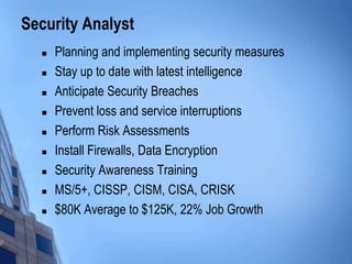 Security Analyst
 Planning and implementing security measures
 Stay up to date with latest intelligence
 Anticipate Security Breaches
 Prevent loss and service interruptions
 Perform Risk Assessments
 Install Firewalls, Data Encryption
 Security Awareness Training
 MS/5+, CISSP, CISM, CISA, CRISK
 $80K Average to $125K, 22% Job Growth
 