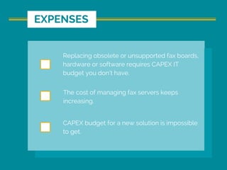 Replacing obsolete or unsupported fax boards,
hardware or software requires CAPEX IT
budget you don’t have.
The cost of managing fax servers keeps
increasing.
CAPEX budget for a new solution is impossible
to get.
EXPENSES
 