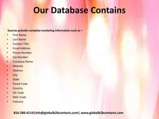 Our Database Contains
Sources provide complete marketing information such as –
• First Name
• Last Name
• Contact Title
• Email Address
• Phone Number
• Fax Number
• Company Name
• Website
• Address
• City
• State
• Postal Code
• Country
• SIC Code
• NAIC Code
• Industry
816-286-4114|info@globalb2bcontacts.com| www.globalb2bcontacts.com
 
