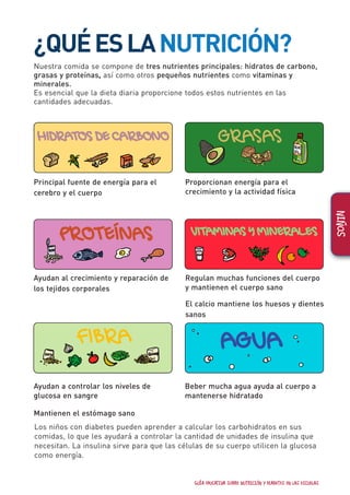 NIÑOS
¿QUÉESLANUTRICIÓN?
Nuestra comida se compone de tres nutrientes principales: hidratos de carbono,
grasas y proteínas, así como otros pequeños nutrientes como vitaminas y
minerales.
Es esencial que la dieta diaria proporcione todos estos nutrientes en las
cantidades adecuadas.
Principal fuente de energía para el
cerebro y el cuerpo
Ayudan al crecimiento y reparación de
los tejidos corporales
Ayudan a controlar los niveles de
glucosa en sangre
Mantienen el estómago sano
Beber mucha agua ayuda al cuerpo a
mantenerse hidratado
Proporcionan energía para el
crecimiento y la actividad física
Regulan muchas funciones del cuerpo
y mantienen el cuerpo sano
El calcio mantiene los huesos y dientes
sanos
HIDRATOS DE CARBONO
FIBRA
GRASAS
AGUA
PROTEÍNAS VITAMINAS Y MINERALES
GUÍA EDUCATIVA SOBRE NUTRICIÓN Y DIABETES EN LAS ESCUELAS 60
Los niños con diabetes pueden aprender a calcular los carbohidratos en sus
comidas, lo que les ayudará a controlar la cantidad de unidades de insulina que
necesitan. La insulina sirve para que las células de su cuerpo utilicen la glucosa
como energía.
 