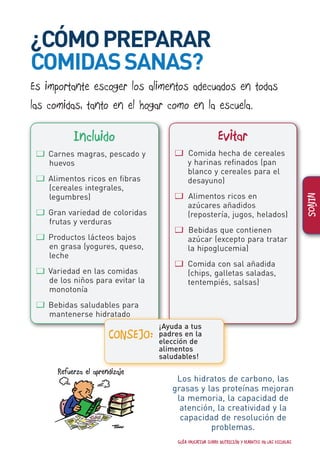 NIÑOS
Incluido
� Carnes magras, pescado y
huevos
� Alimentos ricos en fibras
(cereales integrales,
legumbres)
� Gran variedad de coloridas
frutas y verduras
� Productos lácteos bajos
en grasa (yogures, queso,
leche
� Variedad en las comidas
de los niños para evitar la
monotonía
� Bebidas saludables para
mantenerse hidratado
Evitar
� Comida hecha de cereales
y harinas refinados (pan
blanco y cereales para el
desayuno)
� Alimentos ricos en
azúcares añadidos
(repostería, jugos, helados)
� Bebidas que contienen
azúcar (excepto para tratar
la hipoglucemia)
� Comida con sal añadida
(chips, galletas saladas,
tentempiés, salsas)
¿CÓMOPREPARAR
COMIDASSANAS?
Es importante escoger los alimentos adecuados en todas
las comidas, tanto en el hogar como en la escuela.
Los hidratos de carbono, las
grasas y las proteínas mejoran
la memoria, la capacidad de
atención, la creatividad y la
capacidad de resolución de
problemas.
¡Ayuda a tus
padres en la
elección de
alimentos
saludables!
CONSEJO:
Refuerza el aprendizaje
GUÍA EDUCATIVA SOBRE NUTRICIÓN Y DIABETES EN LAS ESCUELAS 62
 