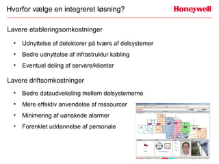 Hvorfor vælge en integreret løsning?

Lavere etableringsomkostninger
  •   Udnyttelse af detektorer på tværs af delsystemer
  •   Bedre udnyttelse af infrastruktur kabling
  •   Eventuel deling af servere/klienter

Lavere driftsomkostninger
  •   Bedre dataudveksling mellem delsystemerne
  •   Mere effektiv anvendelse af ressourcer
  •   Minimering af uønskede alarmer
  •   Forenklet uddannelse af personale
 