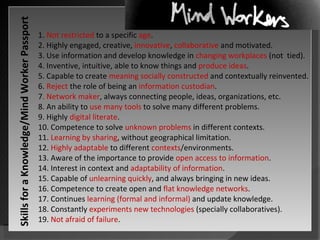 1.  Not restricted  to a specific  age . 2. Highly engaged, creative,  innovative ,  collaborative  and motivated. 3. Use information and develop knowledge in  changing workplaces  (not  tied). 4. Inventive, intuitive, able to know things and  produce ideas . 5. Capable to create  meaning socially constructed  and contextually reinvented. 6.  Reject  the role of being an  information custodian . 7 . Network maker , always connecting people, ideas, organizations, etc. 8. An ability to  use many tools  to solve many different problems. 9. Highly  digital literate . 10. Competence to solve  unknown problems  in different contexts. 11.  Learning by sharing , without geographical limitation. 12.  Highly adaptable  to different  contexts /environments. 13. Aware of the importance to provide  open access to information . 14. Interest in context and  adaptability of information . 15. Capable of  unlearning quickly , and always bringing in new ideas. 16. Competence to create open and  flat knowledge networks . 17. Continues  learning (formal and informal)  and update knowledge. 18. Constantly  experiments new technologies  (specially collaboratives). 19.  Not afraid of failure . Skills for a Knowledge/Mind Worker Passport  
