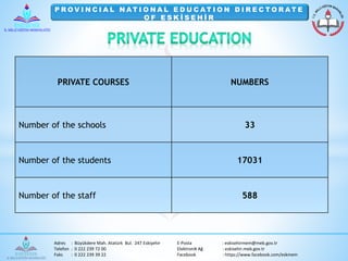 P ROV I N C I A L NAT I O NA L E D U C AT I O N D I R E C TO R AT E 
O F E S K İ S E H İ R 
PRIVATE COURSES NUMBERS 
Number of the schools 33 
Number of the students 17031 
Number of the staff 588 
Adres : Büyükdere Mah. Atatürk Bul. 247 Eskişehir E-Posta : eskisehirmem@meb.gov.tr 
Telefon : 0 222 239 72 00 Elektronik Ağ : eskisehir.meb.gov.tr 
Faks : 0 222 239 39 22 Facebook : https://www.facebook.com/eskmem 
 