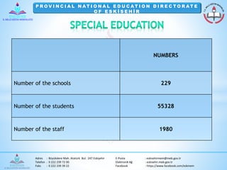 P ROV I N C I A L NAT I O NA L E D U C AT I O N D I R E C TO R AT E 
O F E S K İ S E H İ R 
NUMBERS 
Number of the schools 229 
Number of the students 55328 
Number of the staff 1980 
Adres : Büyükdere Mah. Atatürk Bul. 247 Eskişehir E-Posta : eskisehirmem@meb.gov.tr 
Telefon : 0 222 239 72 00 Elektronik Ağ : eskisehir.meb.gov.tr 
Faks : 0 222 239 39 22 Facebook : https://www.facebook.com/eskmem 
 