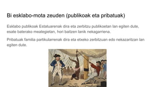 Bi esklabo-mota zeuden (publikoak eta pribatuak)
Esklabo publikoak Estatuarenak dira eta zerbitzu publikoetan lan egiten dute,
esate baterako meategietan, hori baitzen lanik nekagarriena.
Pribatuak familia partikularrenak dira eta etxeko zerbitzuan edo nekazaritzan lan
egiten dute.
 