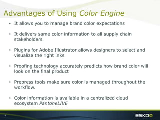 Advantages of Using Color Engine
• It allows you to manage brand color expectations
• It delivers same color information to all supply chain
stakeholders
• Plugins for Adobe Illustrator allows designers to select and
visualize the right inks
• Proofing technology accurately predicts how brand color will
look on the final product
• Prepress tools make sure color is managed throughout the
workflow.
• Color information is available in a centralized cloud
ecosystem PantoneLIVE
6

 