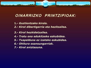 OINARRIZKO PRINTZIPIOAK:
1.- Guztiontzako kirola.
2.- Kirol dibertigarria eta hezitzailea.

3.- Kirol hezkidetzailea.
4.-   Tratu ona edukitzeko eskubidea.
5.-   Txapelduna ez izateko eskubidea.
6.-   Ohitura osansungarriak.
7.-   Kirol aniztasuna.
 
