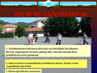HELBURU ESPEZIFIKOAK:




1.- Kirolaniztasuna bultzatzea kirol asko eta ezberdinak ikas ditzaten.
Horrela, nagusiagoak direnean, jakingo dute zein edo zeintzuk diren
praktikatzeko euren gustokuak.


2.-Jolas eta kirol ez konpetitiboak praktikatzen ikastea. Denak ez dira
 txapeldunak izan behar.

3.-Kirol-espezialitatea atzeratzea.
 