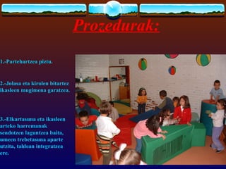 Prozedurak:
1.-Partehartzea piztu.


2.-Jolasa eta kirolen bitartez
ikasleen mugimena garatzea.




3.-Elkartasuna eta ikasleen
arteko harremanak
sendotzen laguntzea baita,
umeen trebetasuna aparte
utzita, taldean integratzea
ere.
 