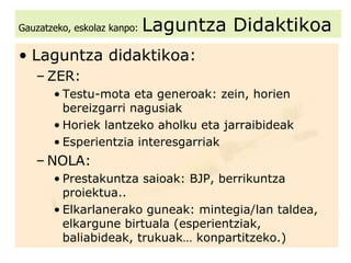 Gauzatzeko, eskolaz kanpo:   Laguntza Didaktikoa Laguntza didaktikoa: ZER: Testu-mota eta generoak: zein, horien bereizgarri nagusiak Horiek lantzeko aholku eta jarraibideak Esperientzia interesgarriak NOLA: Prestakuntza saioak: BJP, berrikuntza proiektua.. Elkarlanerako guneak: mintegia/lan taldea, elkargune birtuala (esperientziak, baliabideak, trukuak… konpartitzeko.) 