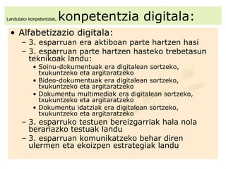 Landutako konpetentziak,  konpetentzia digitala: Alfabetizazio digitala: 3. esparruan era aktiboan parte hartzen hasi 3. esparruan parte hartzen hasteko trebetasun teknikoak landu: Soinu-dokumentuak era digitalean sortzeko, txukuntzeko eta argitaratzeko Bideo-dokumentuak era digitalean sortzeko, txukuntzeko eta argitaratzeko Dokumentu multimediak era digitalean sortzeko, txukuntzeko eta argitaratzeko Dokumentu idatziak era digitalean sortzeko, txukuntzeko eta argitaratzeko 3. esparruko testuen bereizgarriak hala nola berariazko testuak landu 3. esparruan komunikatzeko behar diren ulermen eta ekoizpen estrategiak landu 