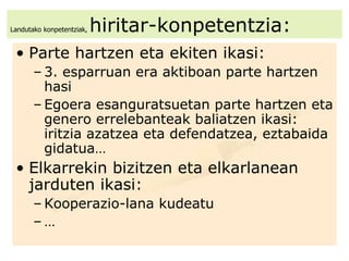 Landutako konpetentziak,  hiritar-konpetentzia: Parte hartzen eta ekiten ikasi: 3. esparruan era aktiboan parte hartzen hasi Egoera esanguratsuetan parte hartzen eta genero errelebanteak baliatzen ikasi: iritzia azatzea eta defendatzea, eztabaida gidatua… Elkarrekin bizitzen eta elkarlanean jarduten ikasi: Kooperazio-lana kudeatu … 