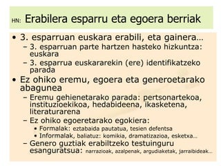 HN:   Erabilera esparru eta egoera berriak 3. esparruan euskara erabili, eta gainera… 3. esparruan parte hartzen hasteko hizkuntza: euskara 3. esparrua euskararekin (ere) identifikatzeko parada Ez ohiko eremu, egoera eta generoetarako abagunea Eremu gehienetarako parada: pertsonartekoa, instituzioekikoa, hedabideena, ikasketena, literaturarena Ez ohiko egoeretarako egokiera: Formalak:  eztabaida pautatua, tesien defentsa Informalak , baliatuz: komikia, dramatizazioa, esketxa… Genero guztiak erabiltzeko testuinguru esanguratsua:  narrazioak, azalpenak, argudiaketak, jarraibideak… 