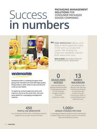 Success
PACKAGING MANAGEMENT
SOLUTIONS FOR
CONSUMER PACKAGED
GOODS COMPANIES
in numbers
Esko WebCenter allows us to
keep artwork approval cycles
in line with our production
cycles. Not missing any
important deadlines reduces
both waste and costs.
NICO SCHENK, PACKAGING SPECIALIST
AT VANDEMOORTELE NEDERLAND
Vandemoortele is a leading European food
group that manufactures and sells high-quality
food products, both under its own brands and
under private labels.
To speed up artwork approval cycles and
improve control at the same time, the com-
pany opted for a packaging management
solution.
1,000+
DESIGN CHANGES PER YEAR
in packaging handled by Vandemoortele, meaning the
company needs to be in perfect control of its artwork,
data and workflow at all times
450
PEOPLE USE WEBCENTER
as a routine part of their work, including the external
suppliers such as repro houses or printers
13
WEEKS
MAXIMUM
that Vandemoortele
allow for their planning
schedule. By ordering
at exactly the right
moment, they can
minimize any under- or
overstocking and save
waste and costs
0
DEADLINES
MISSED
with Esko WebCenter
allowing Vandermoortele
to keep approval cycles
for the necessary
changes in artwork
in line with
production cycles
10 | WRAPPED
 