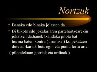 Nortzuk Banaka edo binaka jolazten da  Bi bikote edo jokalariaren partehartzearekin jokatzen da,hauek txandaka pilota bat horma baten kontra ( frontisa ) kolpekatzen dute aurkariak huts egin eta puntu lortu arte. ( pilotalekuan gorriak eta urdinak ) 
