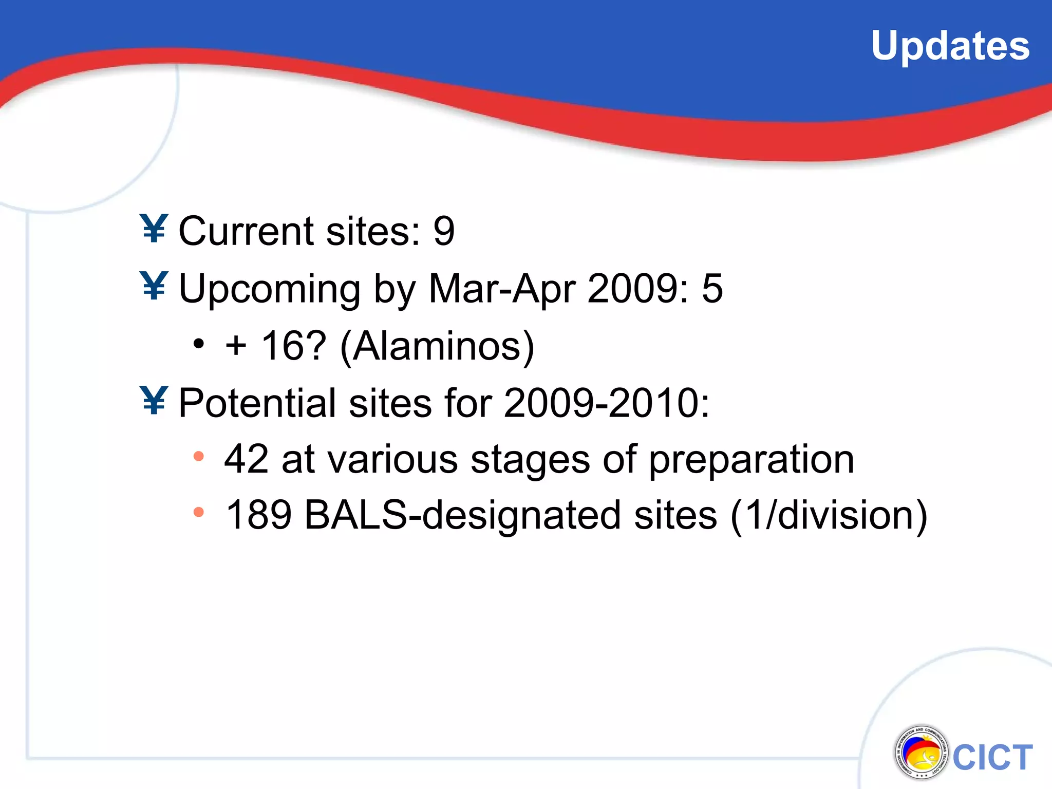 Updates Current sites: 9 Upcoming by Mar-Apr 2009: 5  + 16? (Alaminos) Potential sites for 2009-2010:  42 at various stages of preparation 189 BALS-designated sites (1/division) 