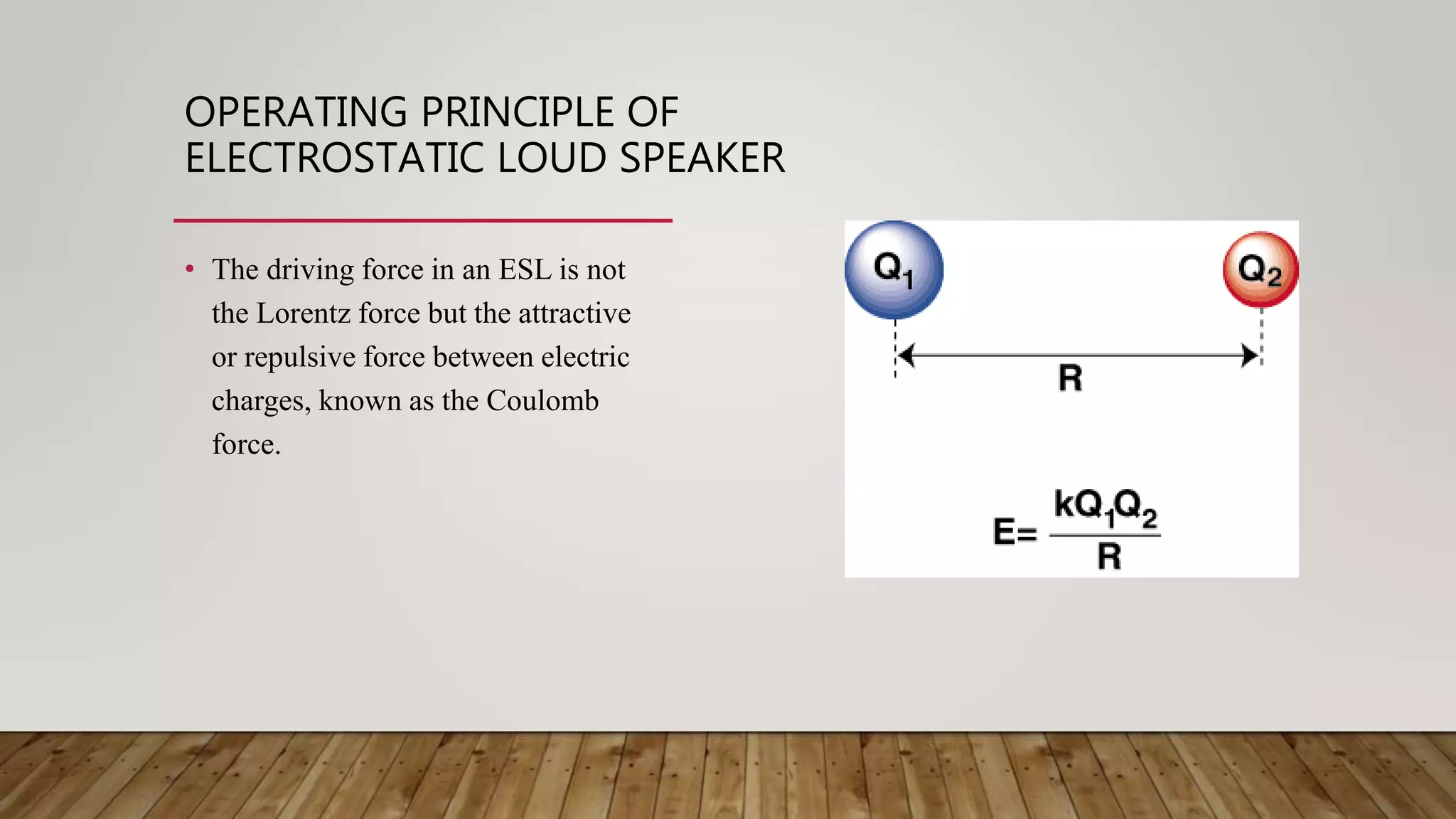 OPERATING PRINCIPLE OF
ELECTROSTATIC LOUD SPEAKER
• The driving force in an ESL is not
the Lorentz force but the attractive
or repulsive force between electric
charges, known as the Coulomb
force.
 