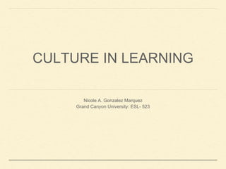 CULTURE IN LEARNING
Nicole A. Gonzalez Marquez
Grand Canyon University: ESL- 523
 