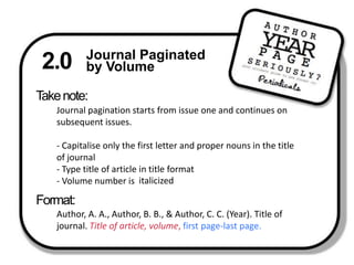2.0 Journal Paginatedby VolumeTake note: Journal pagination starts from issue one and continues on subsequent issues. - Capitalise only the first letter and proper nouns in the title of journal- Type title of article in title format- Volume number isitalicized Format: Author, A. A., Author, B. B., & Author, C. C. (Year). Title of journal. Title of article, volume, first page-last page.