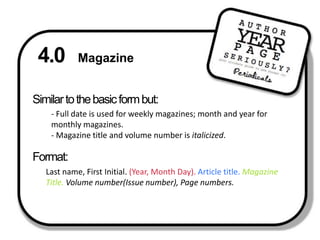 4.0 MagazineSimilar to the basic form but: - Full date is used for weekly magazines; month and year for monthly magazines.- Magazine title and volume number is italicized.Format:Last name, First Initial. (Year, Month Day). Article title.Magazine Title. Volume number(Issue number), Page numbers.