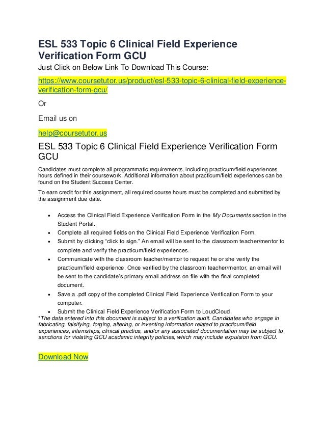 Esl 533 topic 6 clinical field experience verification form gcu