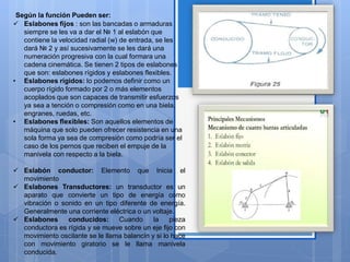 Según la función Pueden ser:
 Eslabones fijos : son las bancadas o armaduras
siempre se les va a dar el № 1 al eslabón que
contiene la velocidad radial (w) de entrada, se les
dará № 2 y así sucesivamente se les dará una
numeración progresiva con la cual formara una
cadena cinemática. Se tienen 2 tipos de eslabones
que son: eslabones rígidos y eslabones flexibles.
• Eslabones rígidos: lo podemos definir como un
cuerpo rígido formado por 2 o más elementos
acoplados que son capaces de transmitir esfuerzos
ya sea a tención o compresión como en una biela,
engranes, ruedas, etc.
• Eslabones flexibles: Son aquellos elementos de
máquina que solo pueden ofrecer resistencia en una
sola forma ya sea de compresión como podría ser el
caso de los pernos que reciben el empuje de la
manivela con respecto a la biela.
 Eslabón conductor: Elemento que Inicia el
movimiento
 Eslabones Transductores: un transductor es un
aparato que convierte un tipo de energía como
vibración o sonido en un tipo diferente de energía.
Generalmente una corriente eléctrica o un voltaje.
 Eslabones conducidos: Cuando la pieza
conductora es rígida y se mueve sobre un eje fijo con
movimiento oscilante se le llama balancín y si lo hace
con movimiento giratorio se le llama manivela
conducida.
 