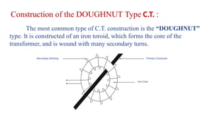 Construction of the DOUGHNUT Type C.T. :
The most common type of C.T. construction is the “DOUGHNUT”
type. It is constructed of an iron toroid, which forms the core of the
transformer, and is wound with many secondary turns.
Secondary Winding Primary Conductor
Iron Core
 