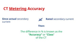 CT Metering Accuracy
Since actual secondary
current
Rated secondary current
=
The difference in % is known as the
“Accuracy” or “Class”
of the CT
Then:
 