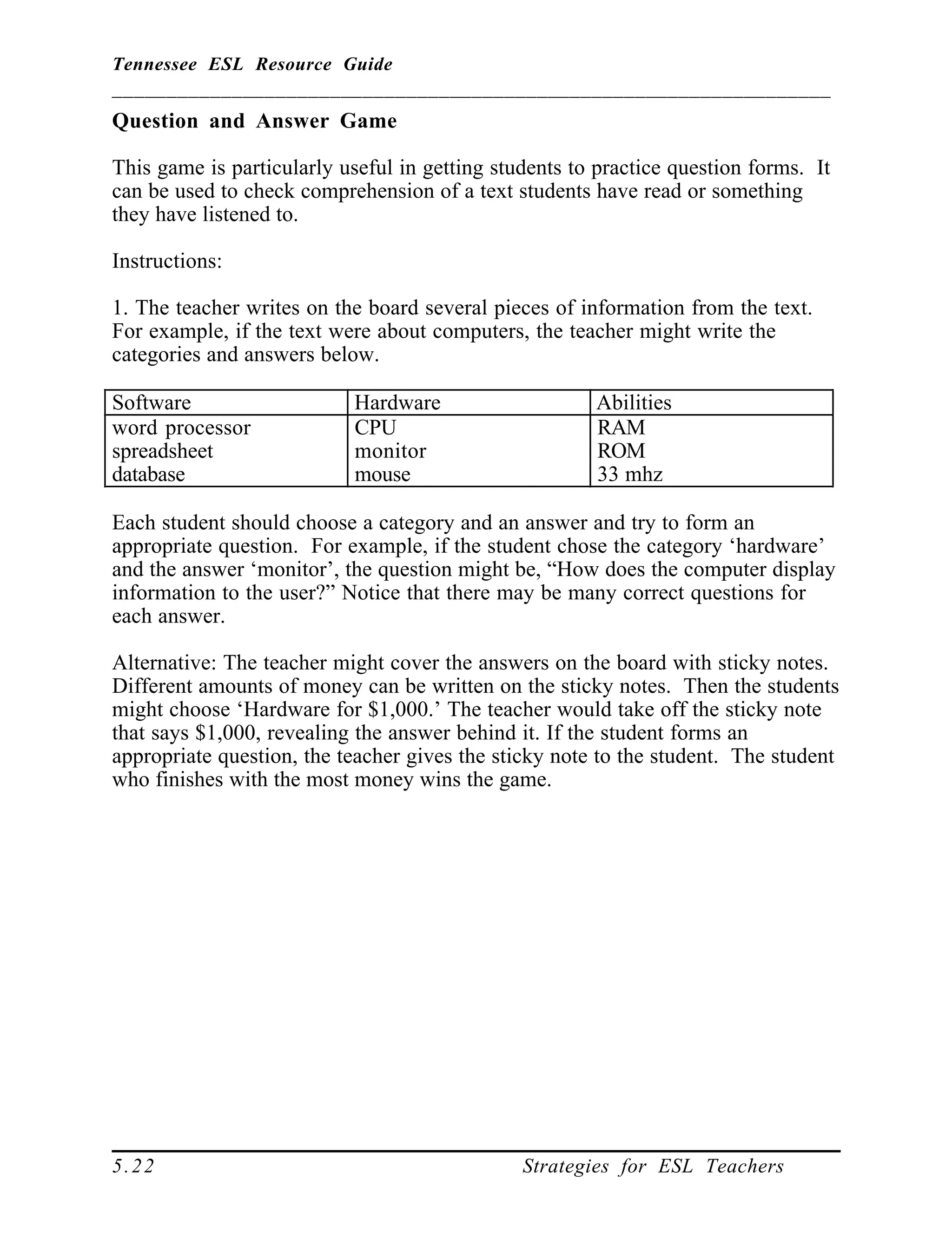 Tennessee ESL Resource Guide
__________________________________________________________________
____________________________________________________
5.22 Strategies for ESL Teachers
Question and Answer Game
This game is particularly useful in getting students to practice question forms. It
can be used to check comprehension of a text students have read or something
they have listened to.
Instructions:
1. The teacher writes on the board several pieces of information from the text.
For example, if the text were about computers, the teacher might write the
categories and answers below.
Software Hardware Abilities
word processor
spreadsheet
database
CPU
monitor
mouse
RAM
ROM
33 mhz
Each student should choose a category and an answer and try to form an
appropriate question. For example, if the student chose the category ‘hardware’
and the answer ‘monitor’, the question might be, “How does the computer display
information to the user?” Notice that there may be many correct questions for
each answer.
Alternative: The teacher might cover the answers on the board with sticky notes.
Different amounts of money can be written on the sticky notes. Then the students
might choose ‘Hardware for $1,000.’ The teacher would take off the sticky note
that says $1,000, revealing the answer behind it. If the student forms an
appropriate question, the teacher gives the sticky note to the student. The student
who finishes with the most money wins the game.
 