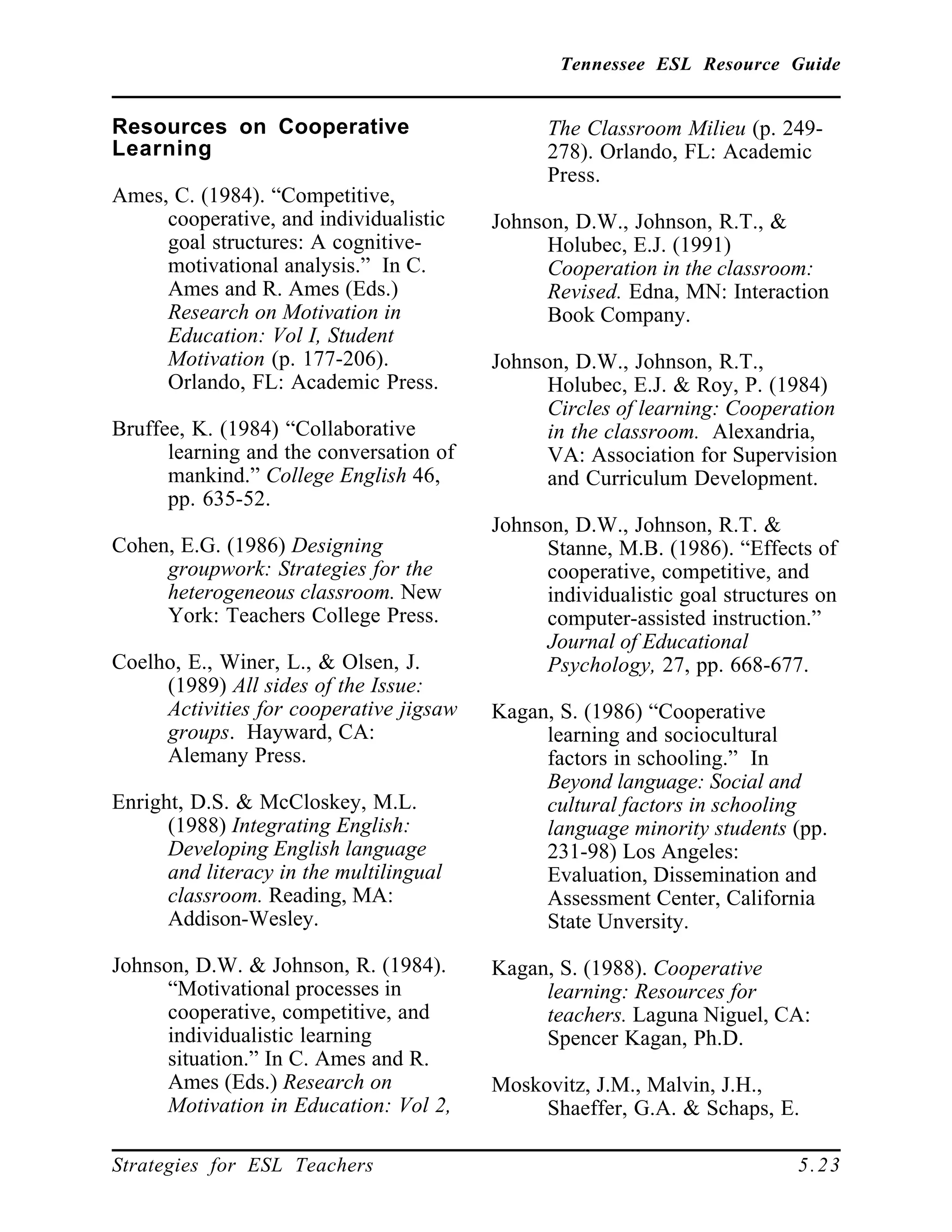 Tennessee ESL Resource Guide
____________________________________________________
____________________________________________________
Strategies for ESL Teachers 5.23
Resources on Cooperative
Learning
Ames, C. (1984). “Competitive,
cooperative, and individualistic
goal structures: A cognitive-
motivational analysis.” In C.
Ames and R. Ames (Eds.)
Research on Motivation in
Education: Vol I, Student
Motivation (p. 177-206).
Orlando, FL: Academic Press.
Bruffee, K. (1984) “Collaborative
learning and the conversation of
mankind.” College English 46,
pp. 635-52.
Cohen, E.G. (1986) Designing
groupwork: Strategies for the
heterogeneous classroom. New
York: Teachers College Press.
Coelho, E., Winer, L., & Olsen, J.
(1989) All sides of the Issue:
Activities for cooperative jigsaw
groups. Hayward, CA:
Alemany Press.
Enright, D.S. & McCloskey, M.L.
(1988) Integrating English:
Developing English language
and literacy in the multilingual
classroom. Reading, MA:
Addison-Wesley.
Johnson, D.W. & Johnson, R. (1984).
“Motivational processes in
cooperative, competitive, and
individualistic learning
situation.” In C. Ames and R.
Ames (Eds.) Research on
Motivation in Education: Vol 2,
The Classroom Milieu (p. 249-
278). Orlando, FL: Academic
Press.
Johnson, D.W., Johnson, R.T., &
Holubec, E.J. (1991)
Cooperation in the classroom:
Revised. Edna, MN: Interaction
Book Company.
Johnson, D.W., Johnson, R.T.,
Holubec, E.J. & Roy, P. (1984)
Circles of learning: Cooperation
in the classroom. Alexandria,
VA: Association for Supervision
and Curriculum Development.
Johnson, D.W., Johnson, R.T. &
Stanne, M.B. (1986). “Effects of
cooperative, competitive, and
individualistic goal structures on
computer-assisted instruction.”
Journal of Educational
Psychology, 27, pp. 668-677.
Kagan, S. (1986) “Cooperative
learning and sociocultural
factors in schooling.” In
Beyond language: Social and
cultural factors in schooling
language minority students (pp.
231-98) Los Angeles:
Evaluation, Dissemination and
Assessment Center, California
State Unversity.
Kagan, S. (1988). Cooperative
learning: Resources for
teachers. Laguna Niguel, CA:
Spencer Kagan, Ph.D.
Moskovitz, J.M., Malvin, J.H.,
Shaeffer, G.A. & Schaps, E.
 
