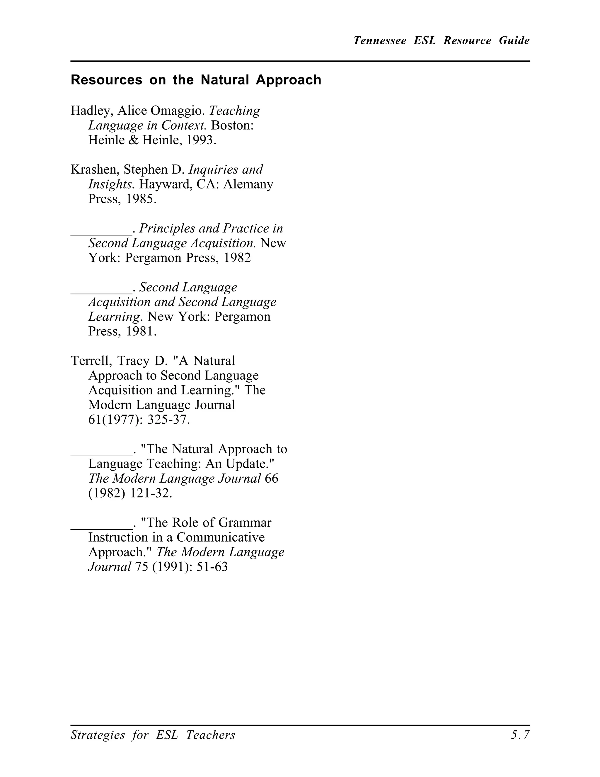 Tennessee ESL Resource Guide
____________________________________________________
____________________________________________________
Strategies for ESL Teachers 5.7
Resources on the Natural Approach
Hadley, Alice Omaggio. Teaching
Language in Context. Boston:
Heinle & Heinle, 1993.
Krashen, Stephen D. Inquiries and
Insights. Hayward, CA: Alemany
Press, 1985.
_________. Principles and Practice in
Second Language Acquisition. New
York: Pergamon Press, 1982
_________. Second Language
Acquisition and Second Language
Learning. New York: Pergamon
Press, 1981.
Terrell, Tracy D. "A Natural
Approach to Second Language
Acquisition and Learning." The
Modern Language Journal
61(1977): 325-37.
_________. "The Natural Approach to
Language Teaching: An Update."
The Modern Language Journal 66
(1982) 121-32.
_________. "The Role of Grammar
Instruction in a Communicative
Approach." The Modern Language
Journal 75 (1991): 51-63
 