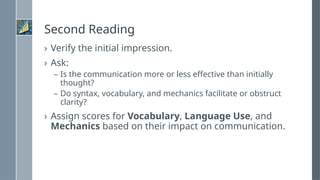 Second Reading
› Verify the initial impression.
› Ask:
– Is the communication more or less effective than initially
thought?
– Do syntax, vocabulary, and mechanics facilitate or obstruct
clarity?
› Assign scores for Vocabulary, Language Use, and
Mechanics based on their impact on communication.
 